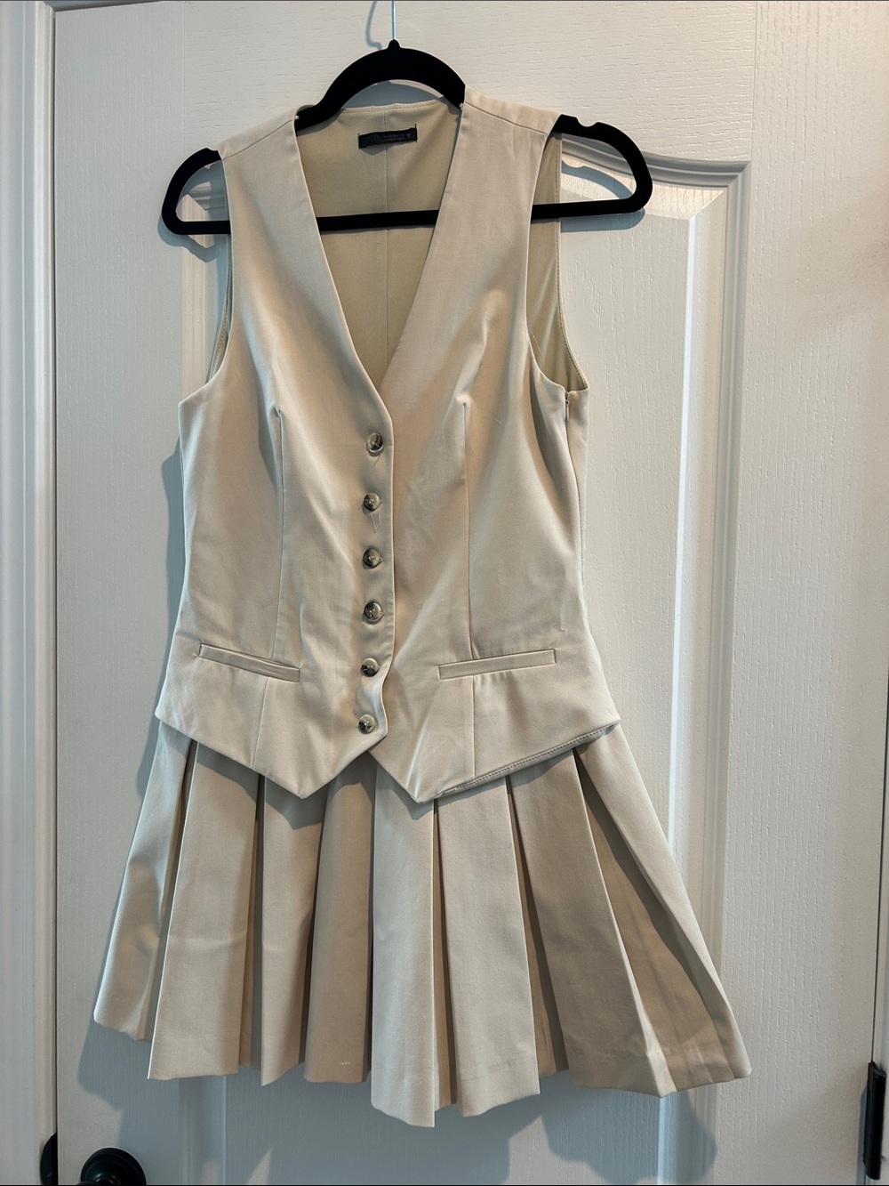 Zara Cream Pleated Mini Dress with Buttoned Vest